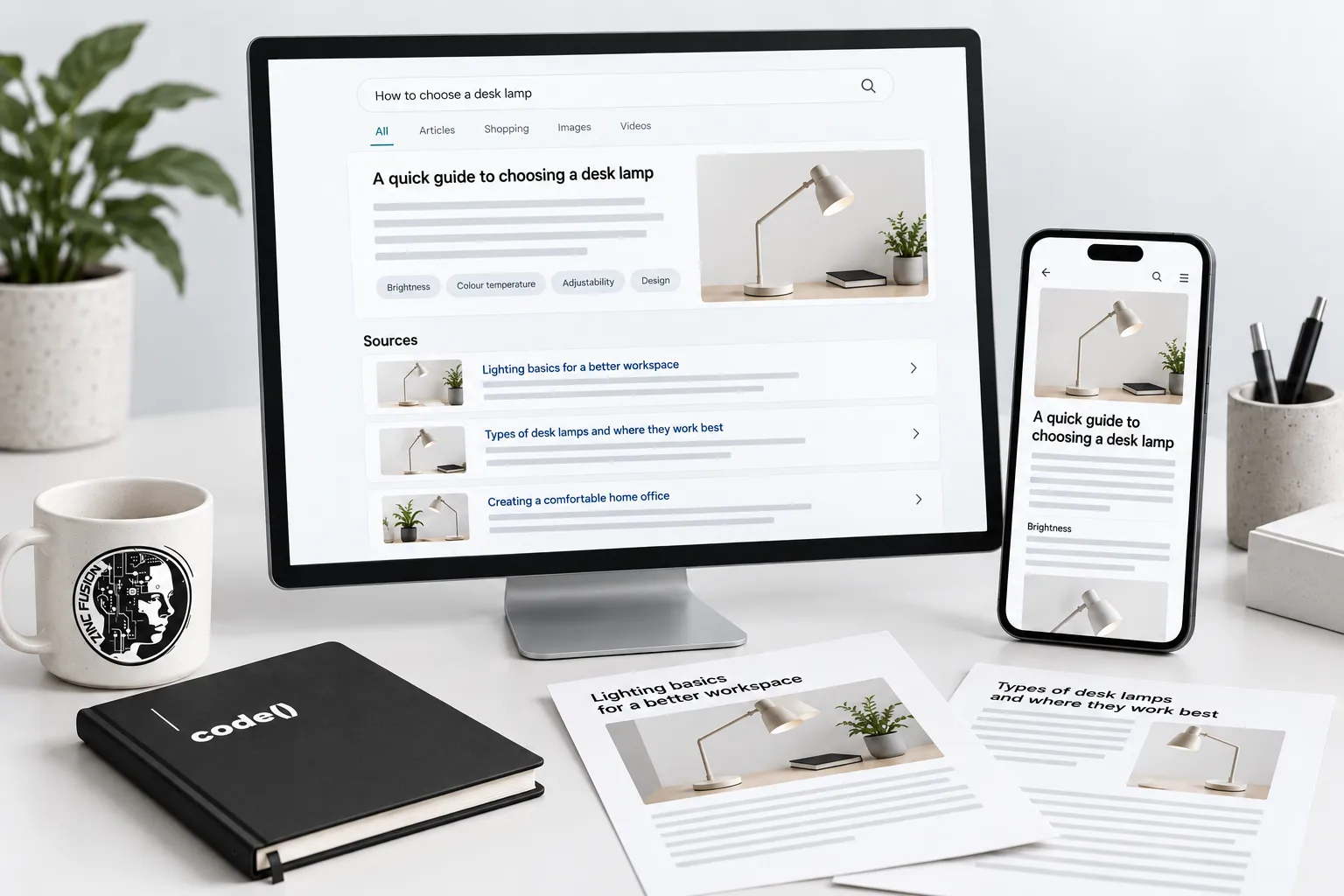 Desktop search-answer mockup with cited source articles and the corresponding article on a phone.