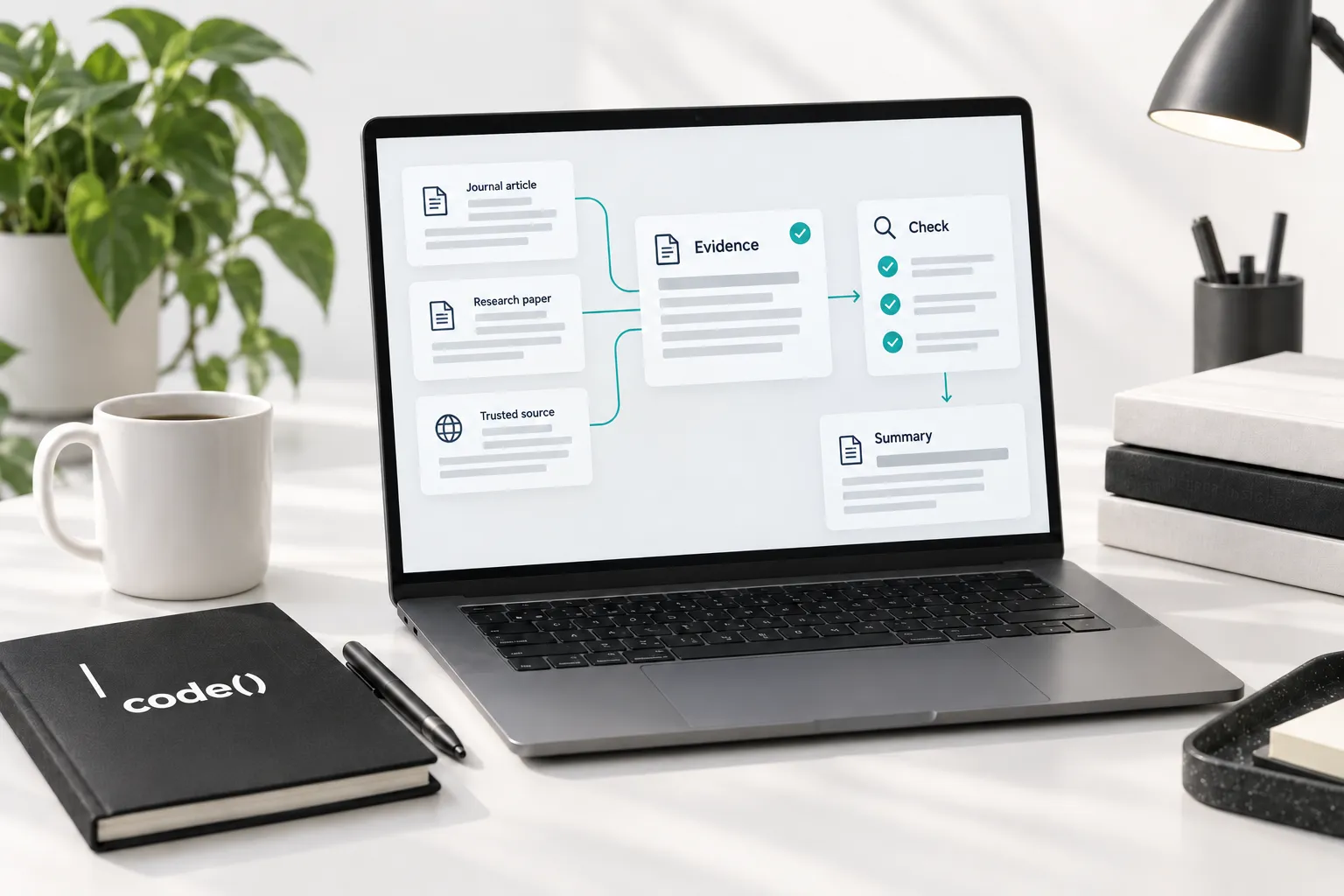 Illustrated research workflow connecting primary sources to evidence, verification and a summary.