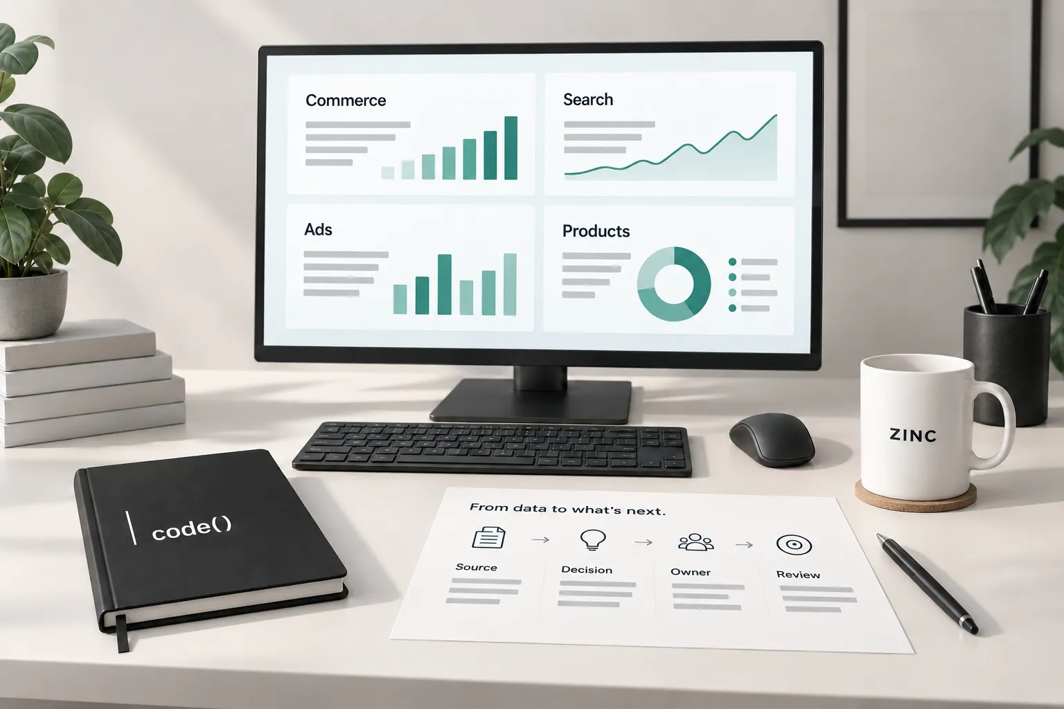 Illustrated business intelligence workspace connecting commerce, search, ads and products to a decision sheet.