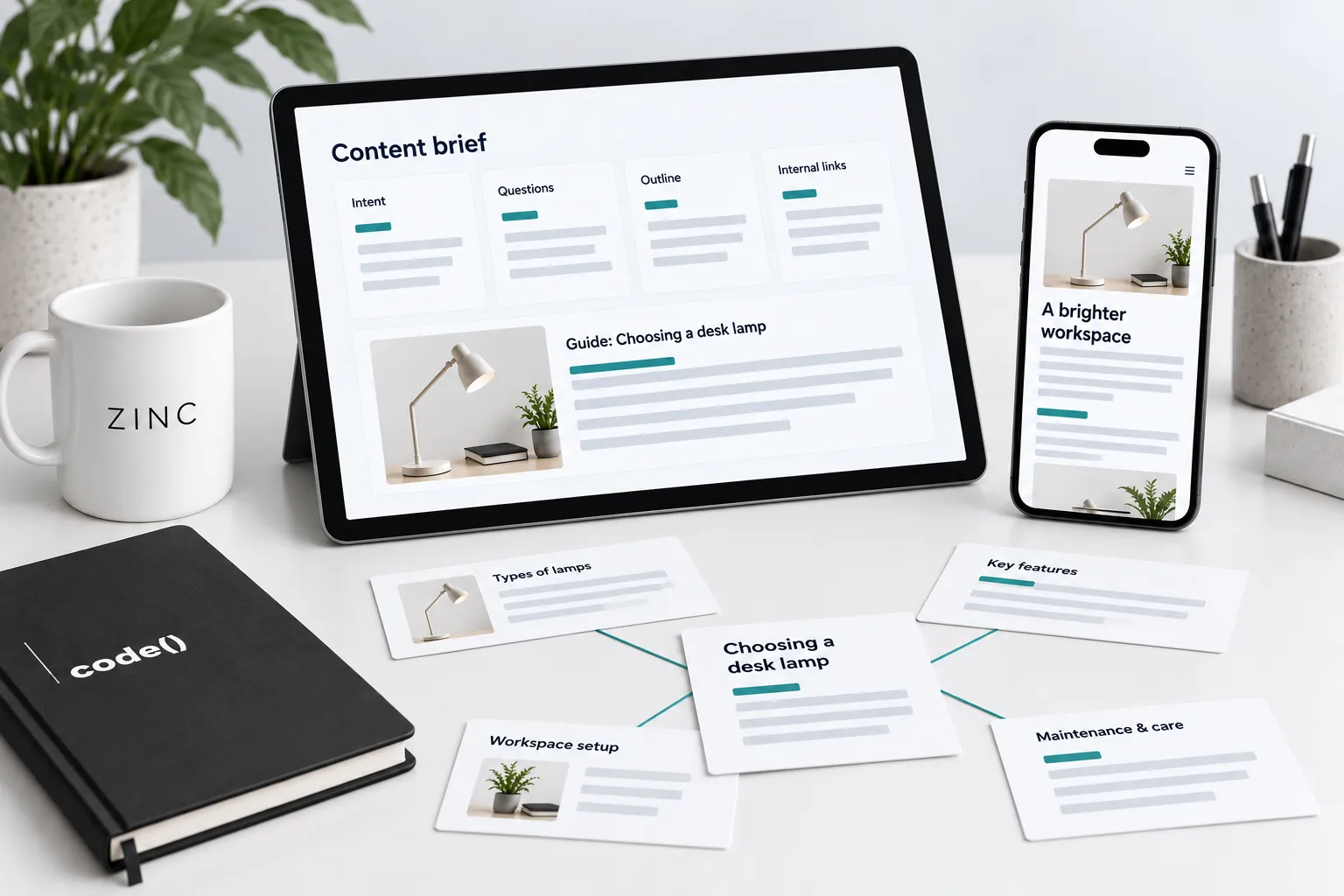 Illustrated reader questions and article outlines connected to a content guide.