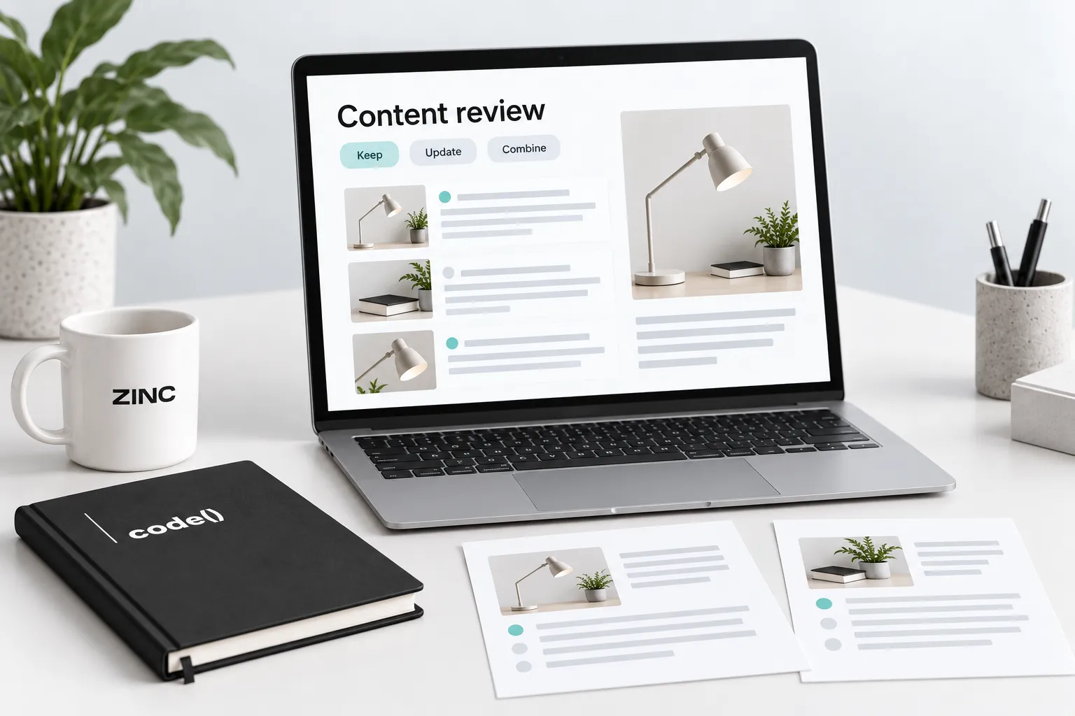Illustrated content review showing keep, update and combine choices beside printed article pages.