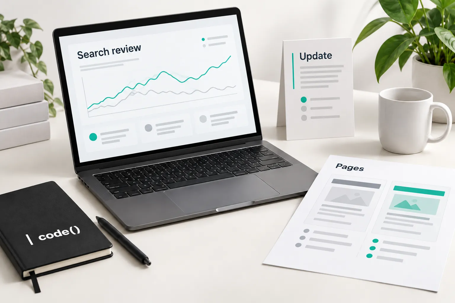 Illustrated search update review with unnumbered comparison trends and page review sheets.