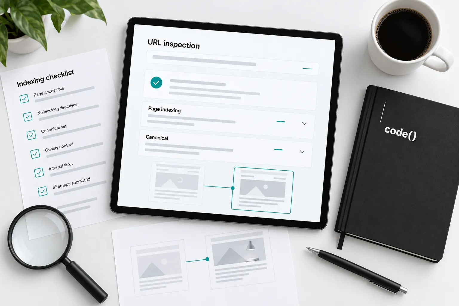Illustrated Search Console URL inspection and canonical page review beside an indexing checklist.