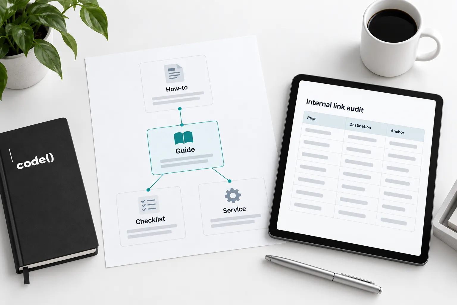 Overhead illustration of a guide linked to a how-to, checklist and service beside an internal-link audit.