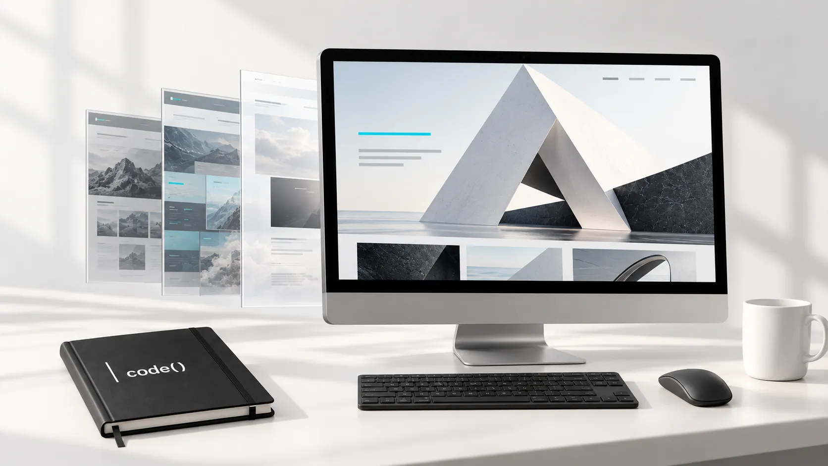 Studio illustration of website panels leading to a clean desktop display, with a black code notebook and white mug.