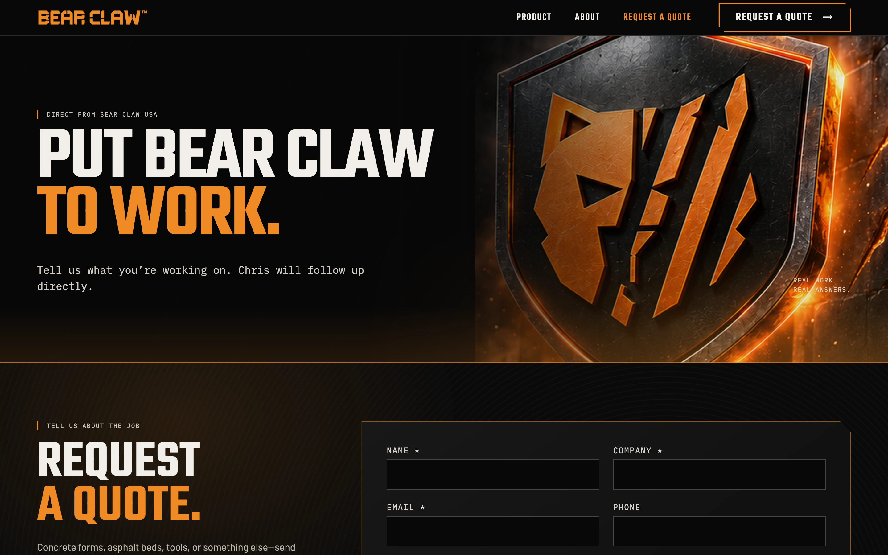 Bear Claw request a quote page in its desktop layout