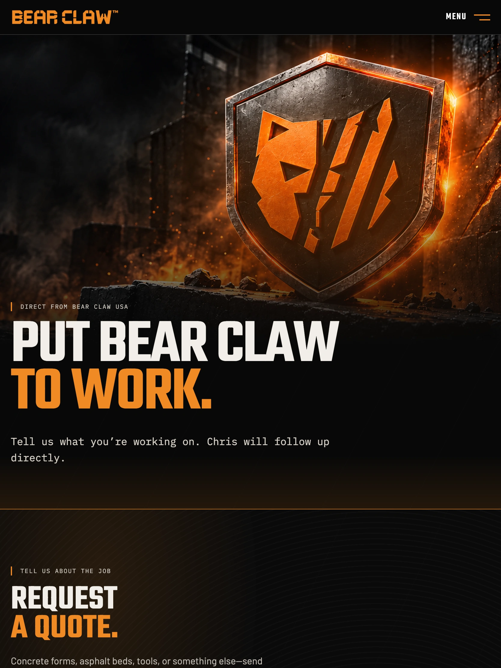 Bear Claw request a quote page in its tablet layout
