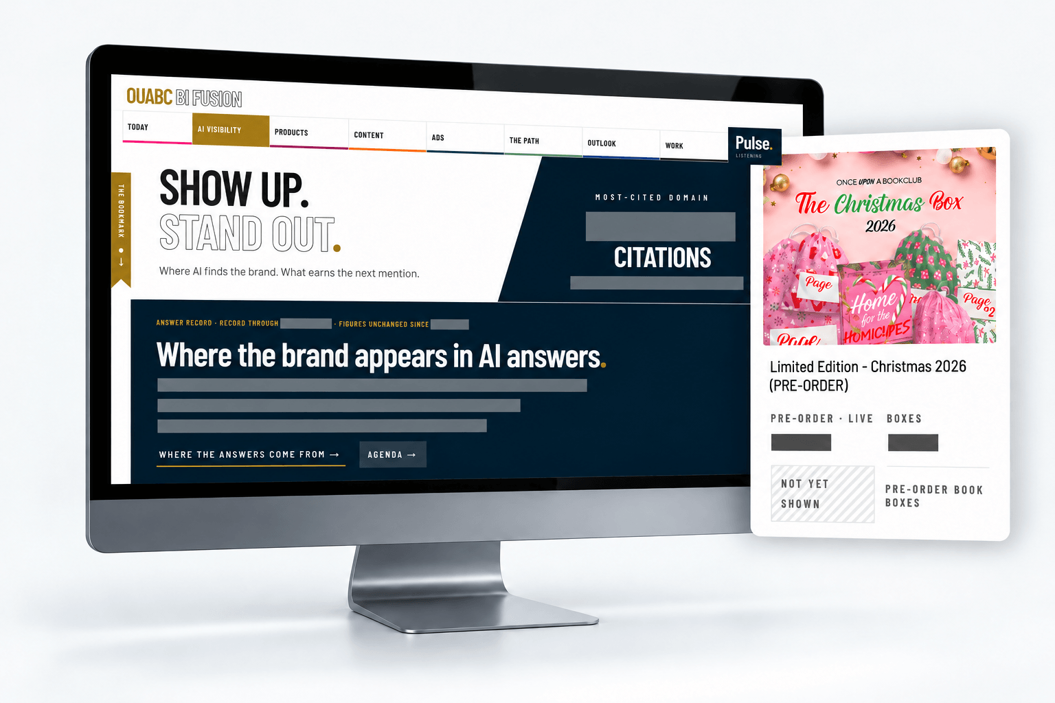 OUABC BI Fusion AI visibility screen in the approved desktop mockup; private figures removed