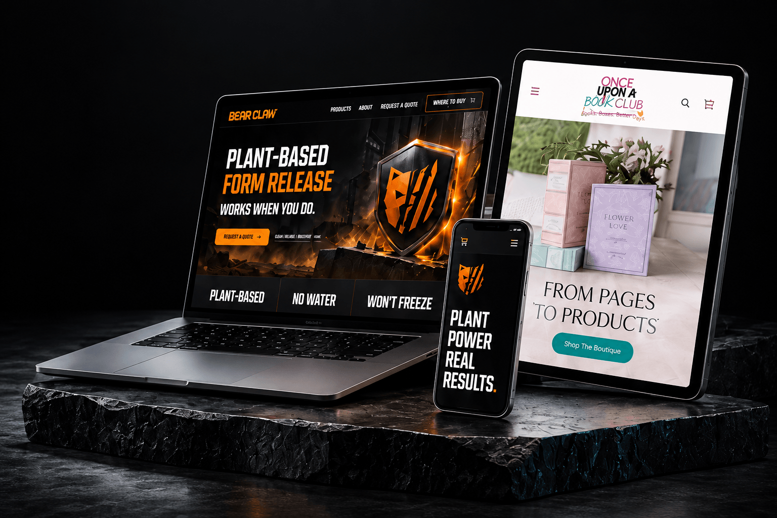 Bear Claw and Once Upon a Book Club websites in laptop, tablet and phone mockups