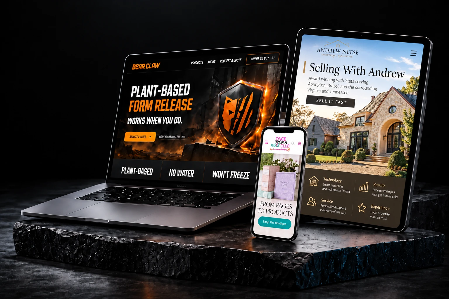 Bear Claw laptop, OUABC storefront phone and Andrew Neese tablet