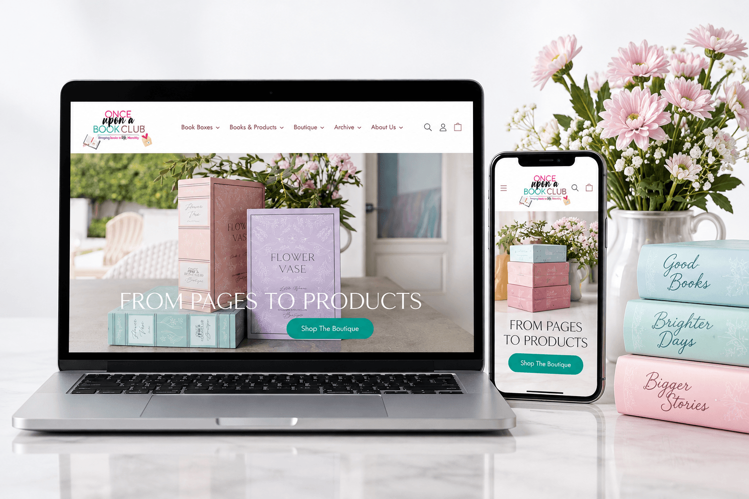Once Upon a Book Club — Shopify rebuild, presented in a studio device composition.