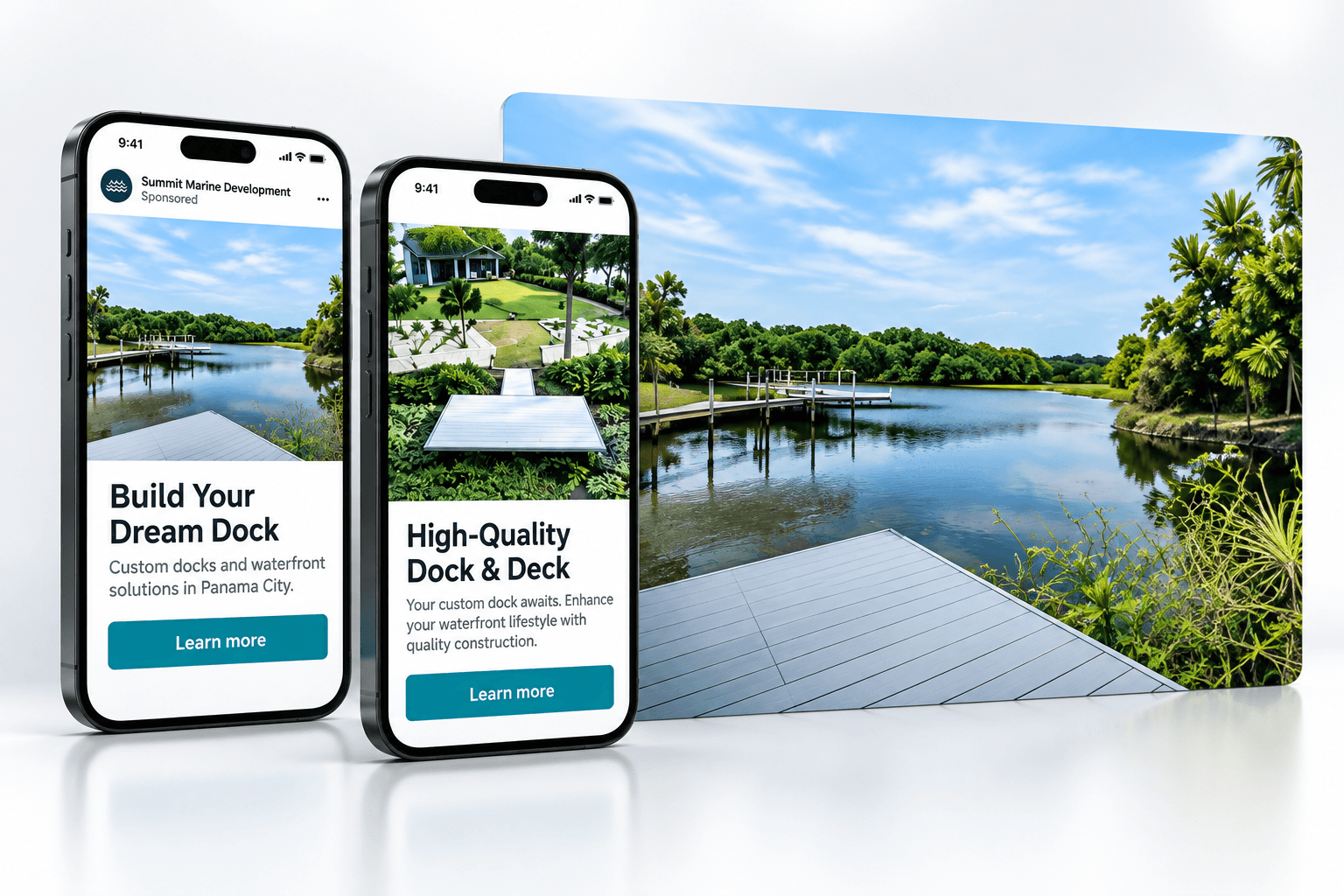 Summit Marine waterfront campaigns presented in phone and landscape mockups