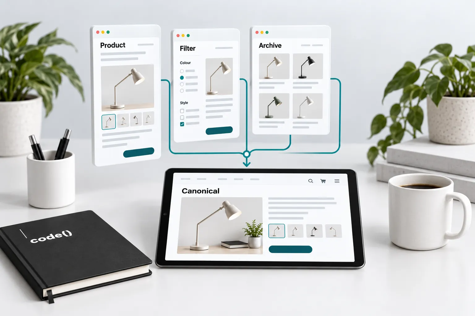 Canonical page mockup consolidating similar product pages into one preferred page.