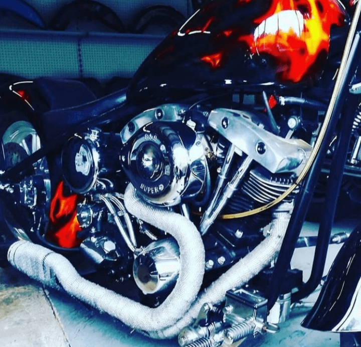Flame-painted motorcycle / engine detail