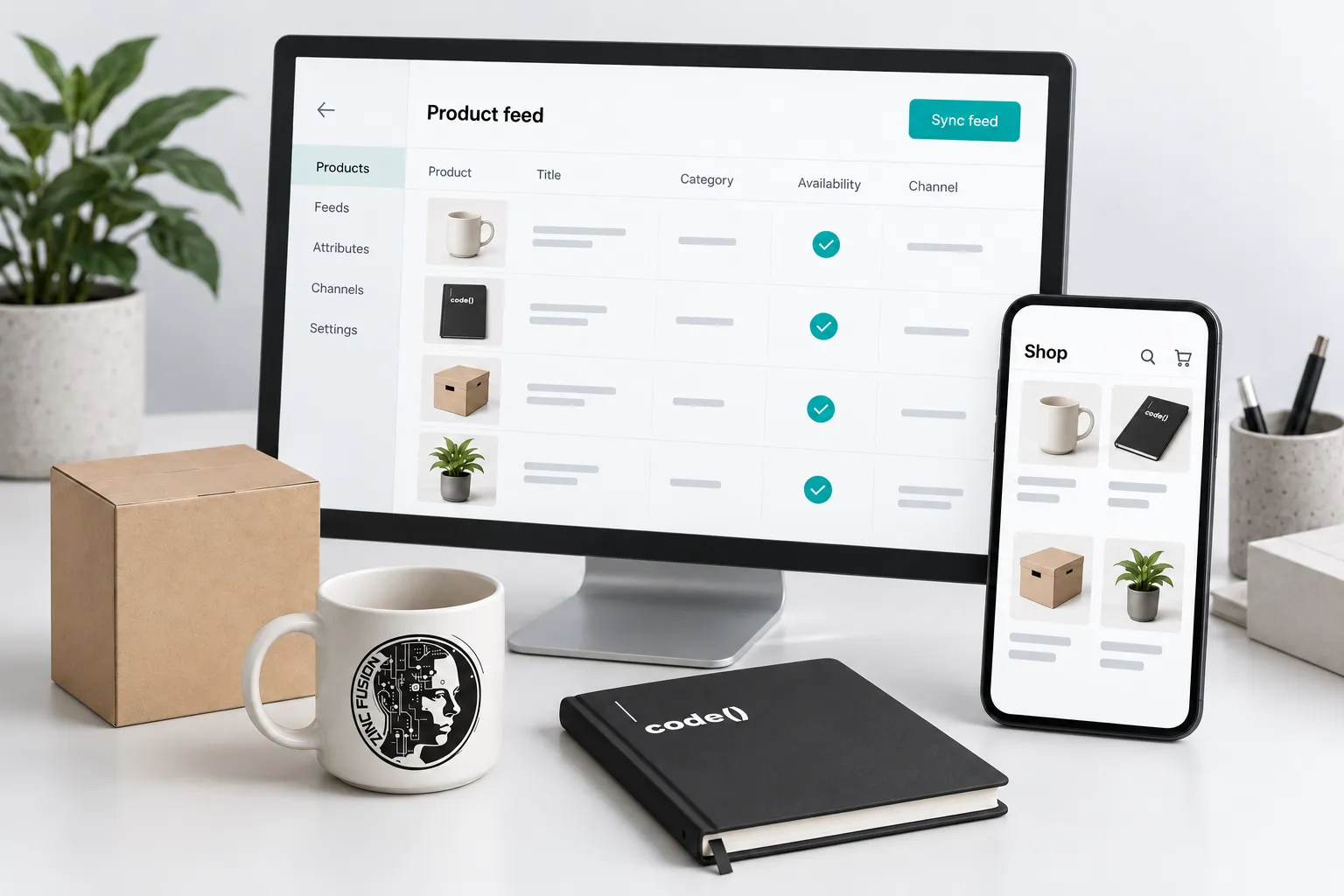 Product feed mockup showing catalog availability beside matching mobile shopping listings.