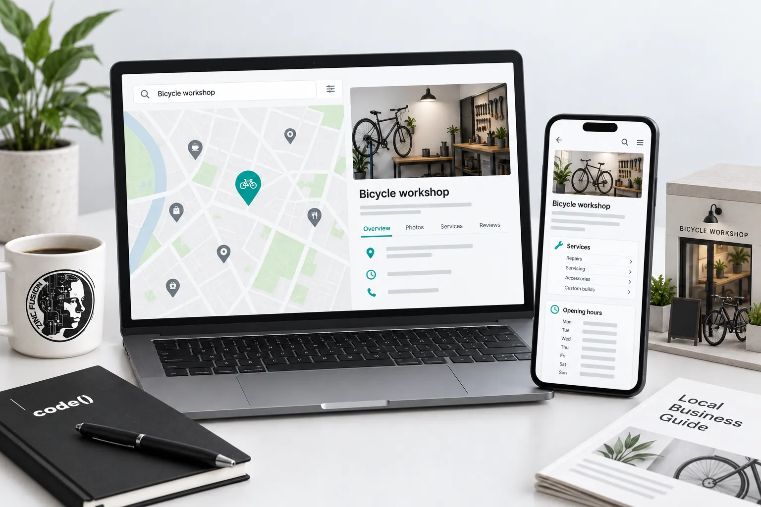 Local business profile and map mockups beside a mobile services page and model shopfront.