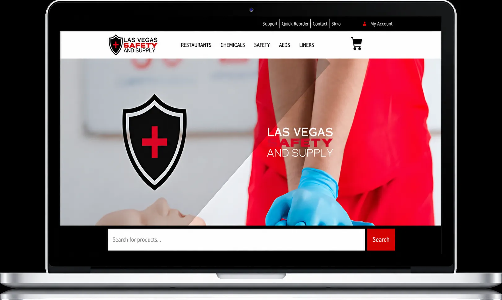 Las Vegas Safety first-aid ecommerce storefront presented on a laptop.