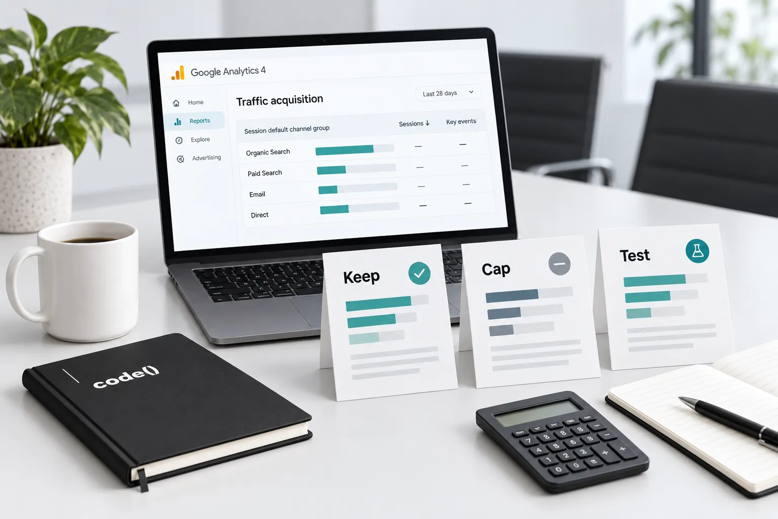 Illustrated GA4 Traffic acquisition report beside keep, cap and test budget decisions and a calculator.
