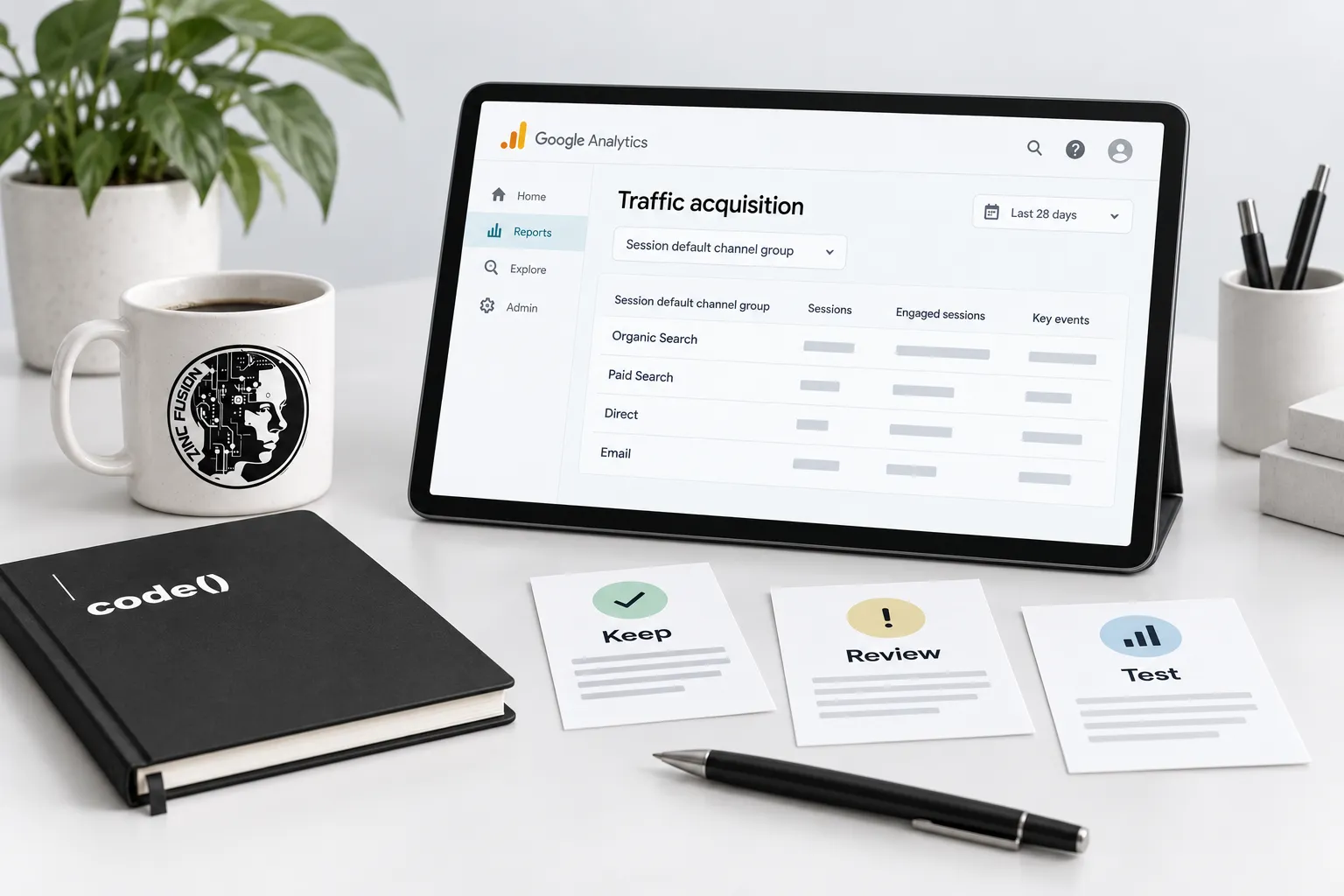 Illustrated GA4 Traffic acquisition report beside keep, review and test cards, with metric values omitted.
