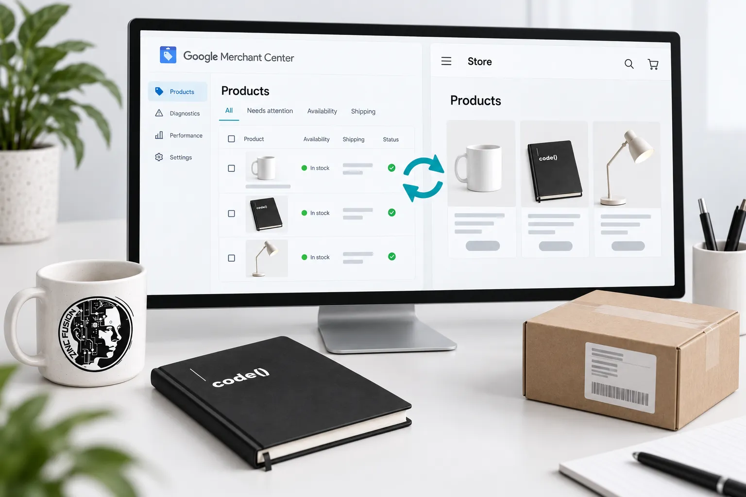 Illustrated product feed connected to matching storefront product cards.