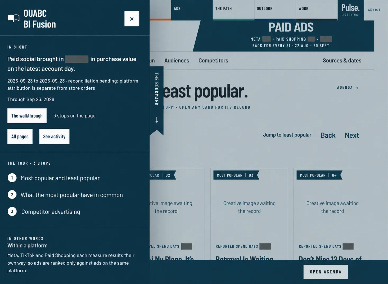 Guided walkthrough · BI app in development; private figures removed