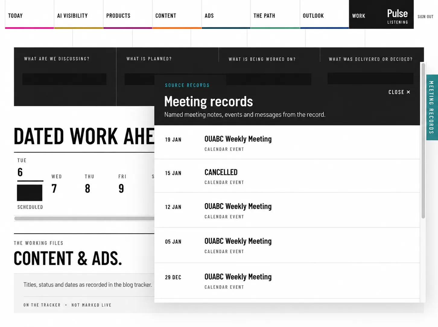 Meeting records · BI app in development; private figures removed