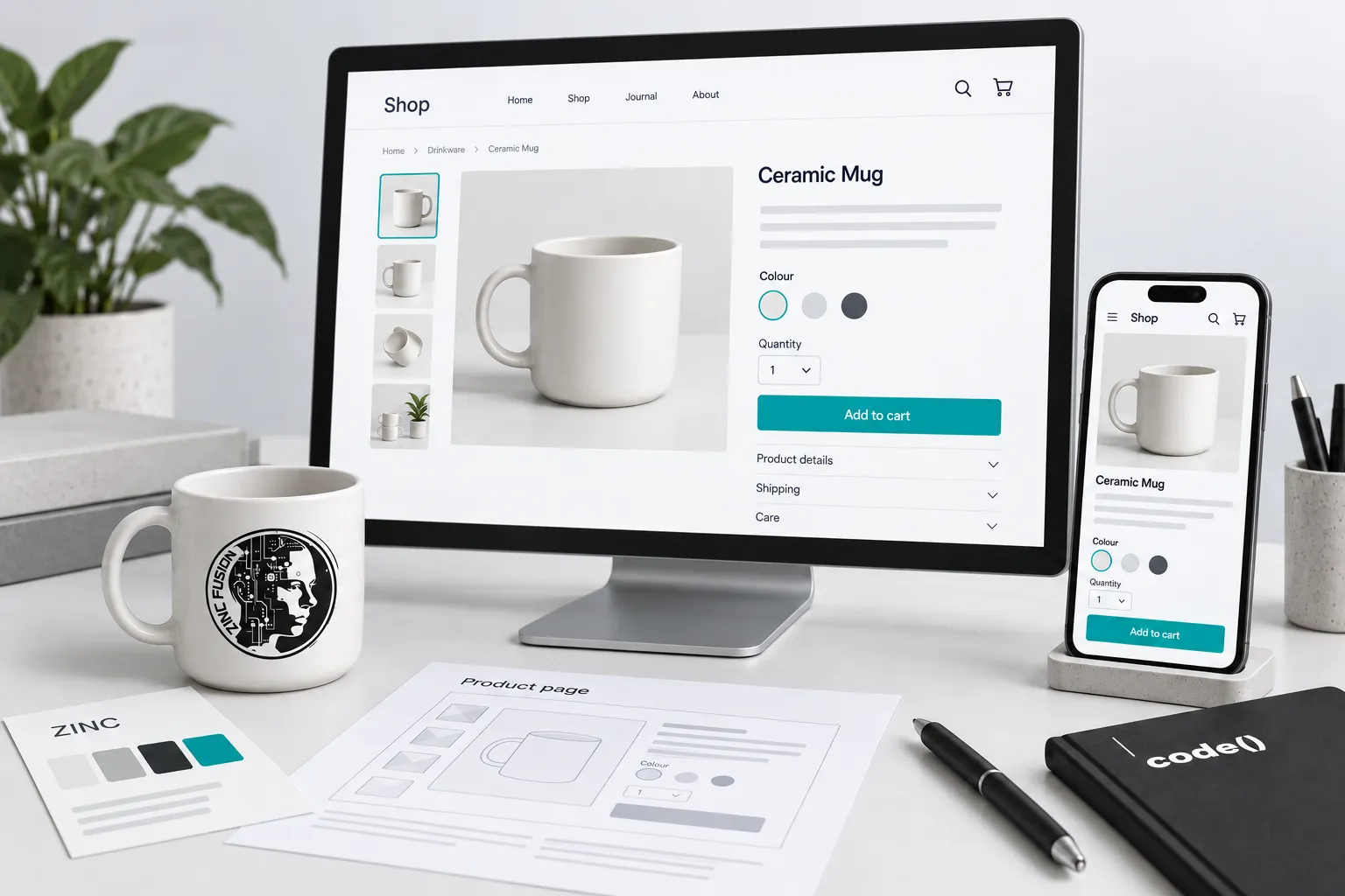 Responsive ecommerce website mockups beside a wireframe and typography specimen.