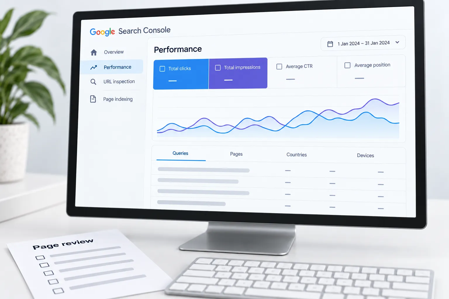 Illustrated Search Console page review with private figures omitted.