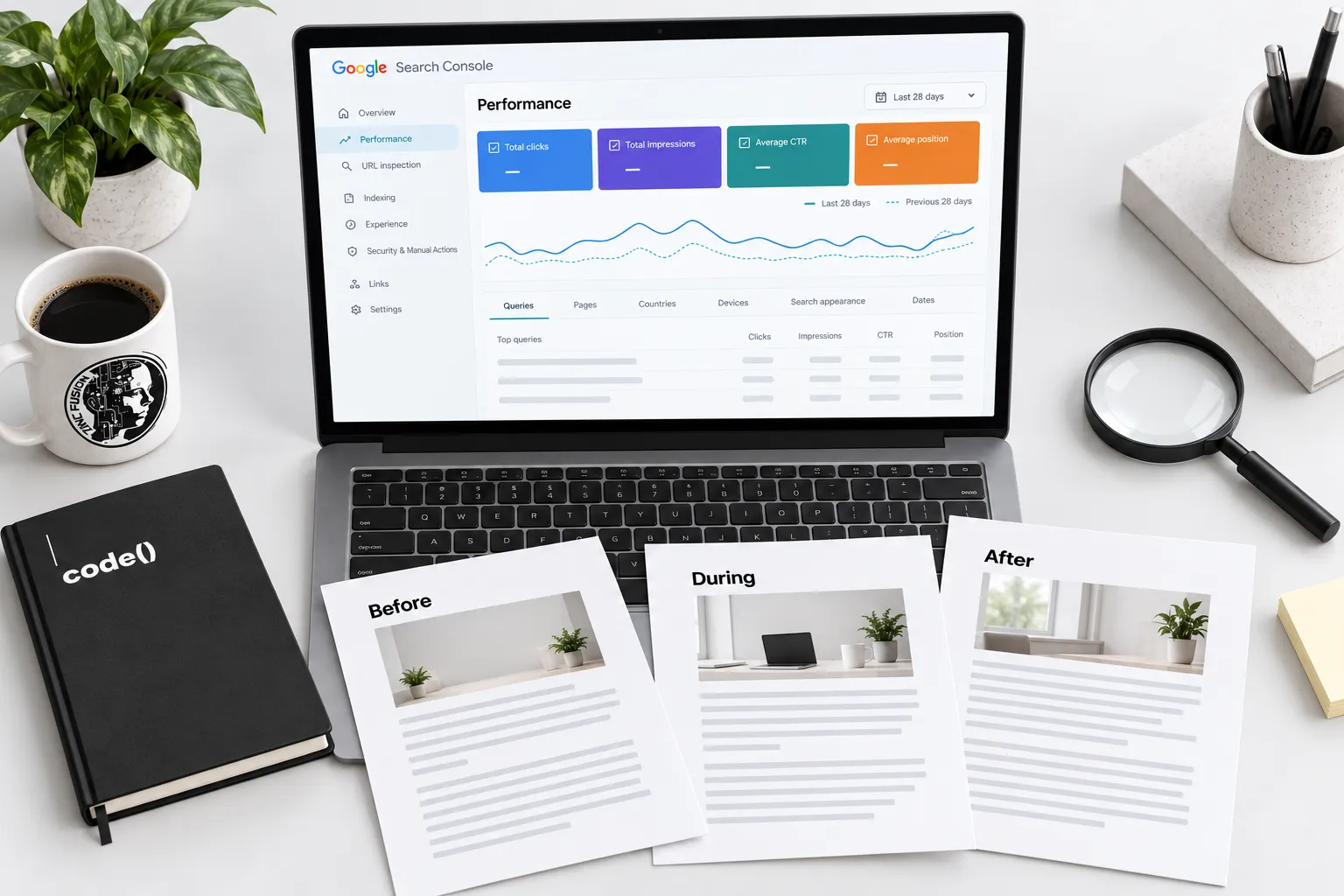 Search update review mockup beside successive versions of an article for comparison.