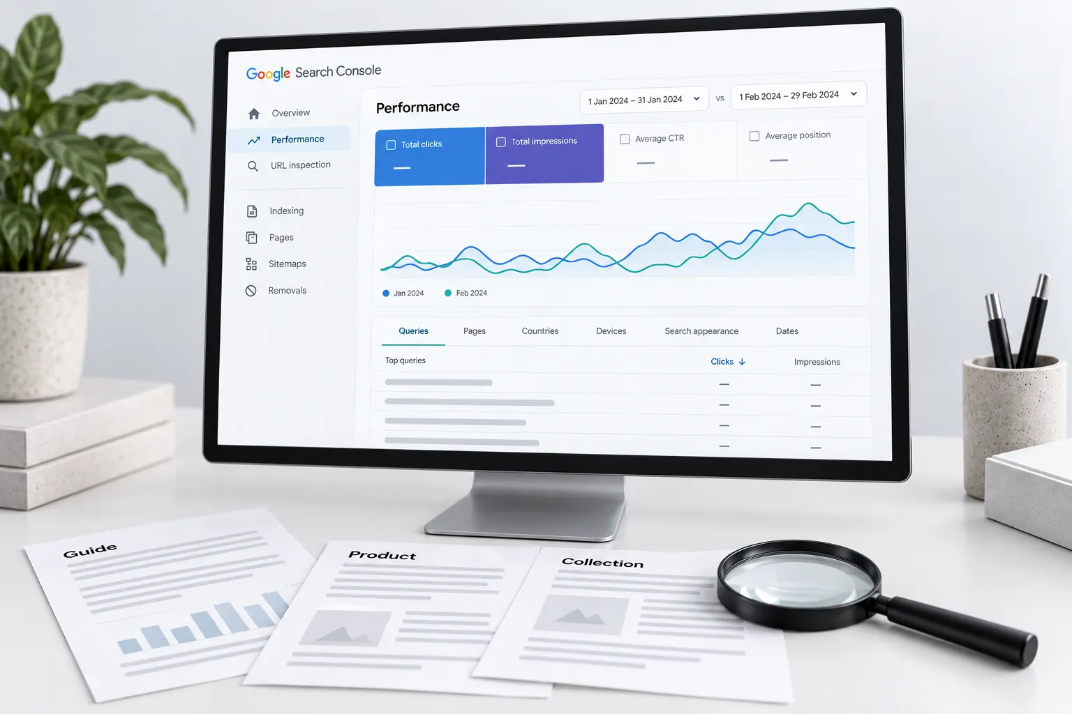 Search update investigation mockup beside a printed article and magnifying glass.