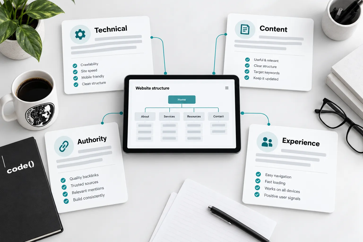 Overhead illustration of a tablet and cards connecting technical SEO, content, authority and user experience.