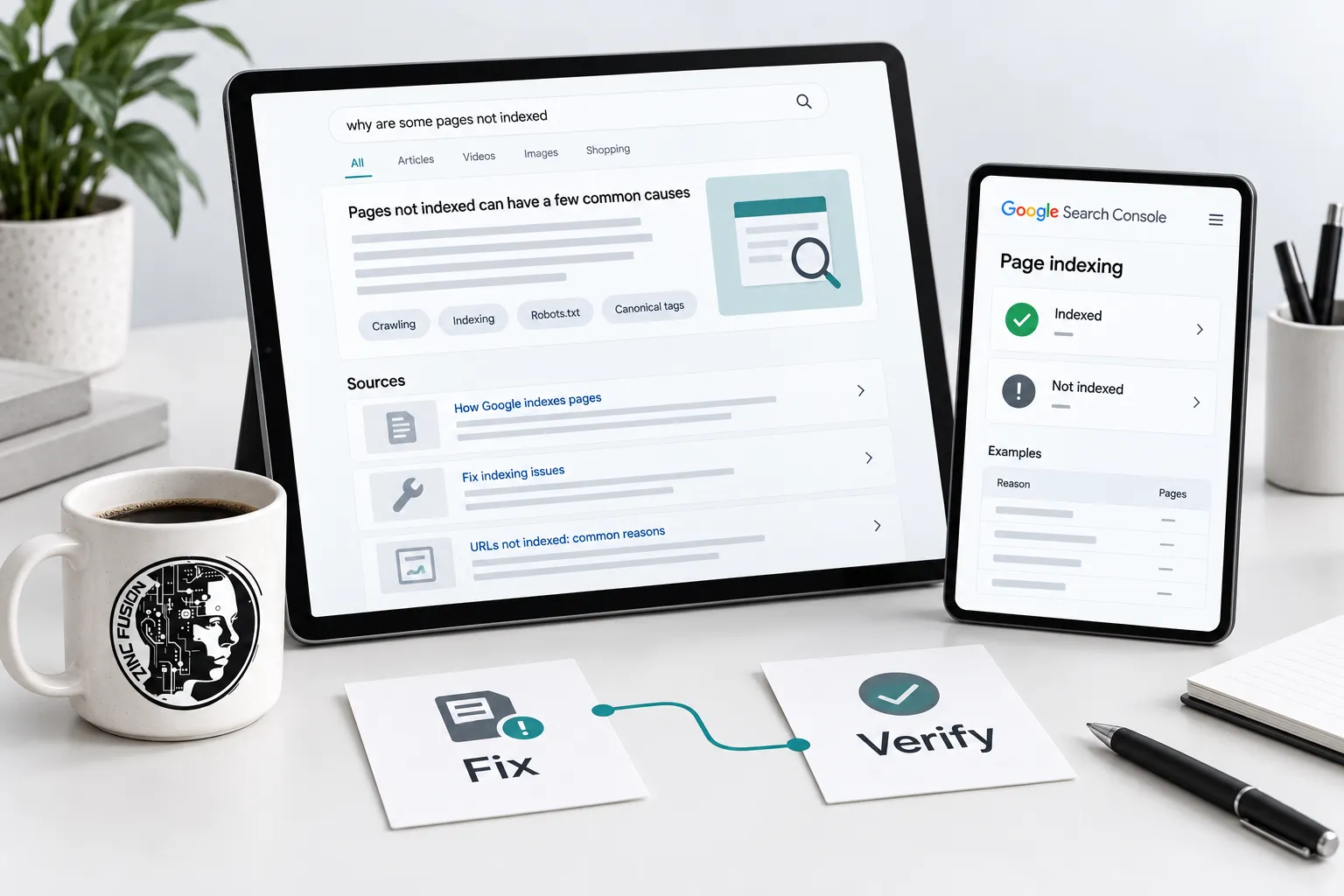 Illustrated search answer and Google Search Console Page indexing panel beside fix and verify cards.