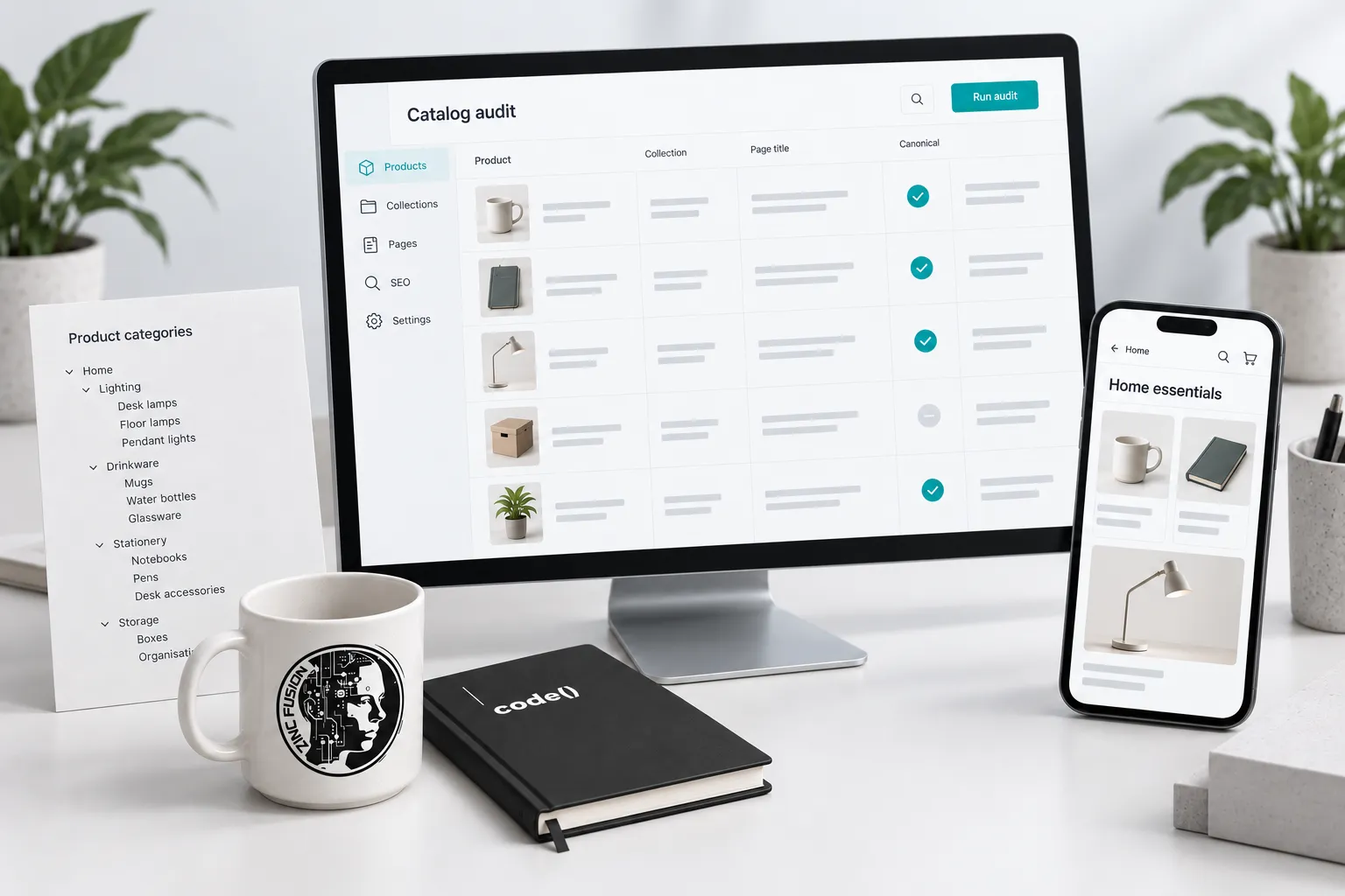 Ecommerce catalog audit mockup beside a mobile collection page and product category diagram.