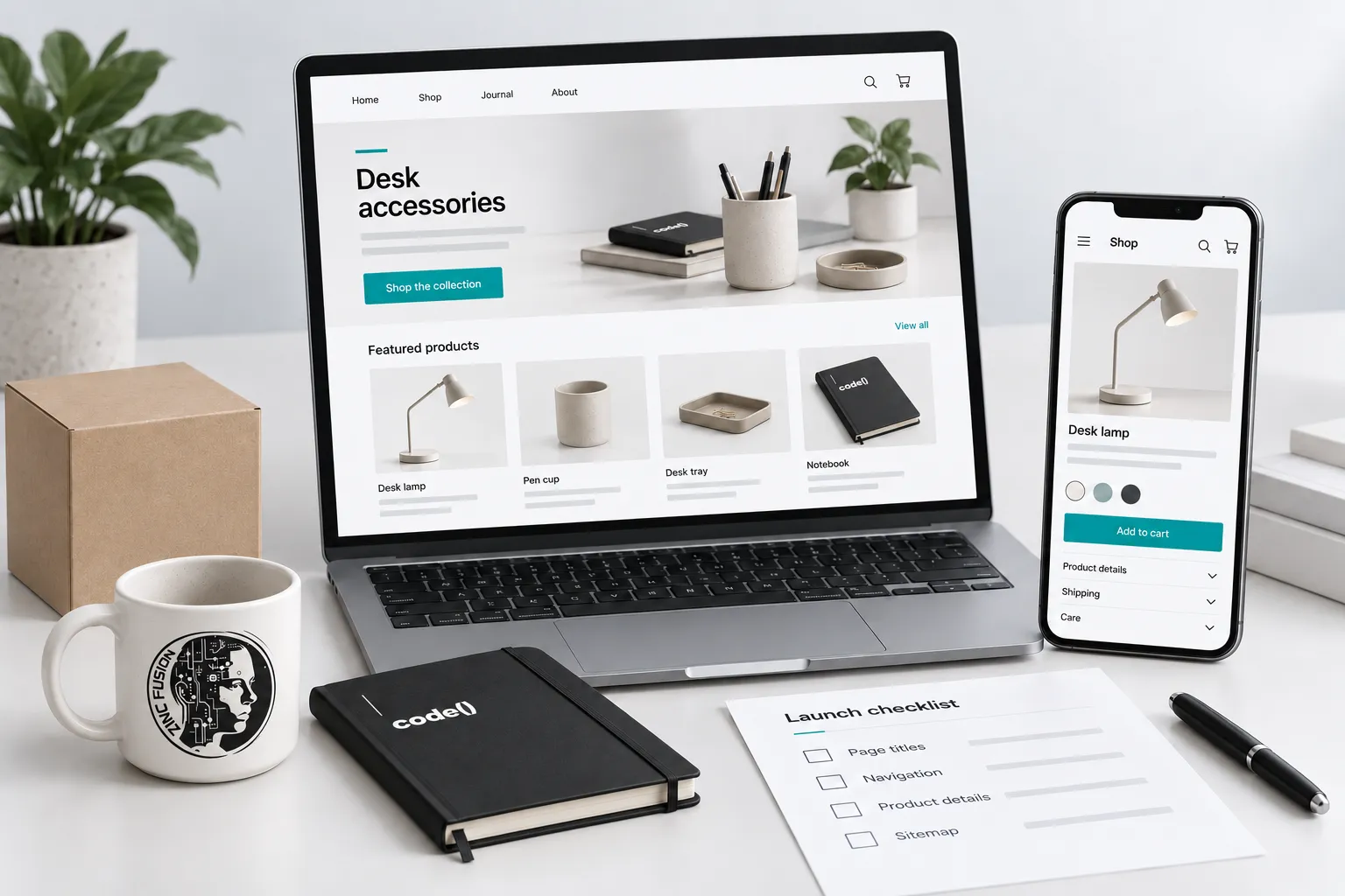 Desktop and mobile storefront mockups beside a Shopify SEO launch checklist.