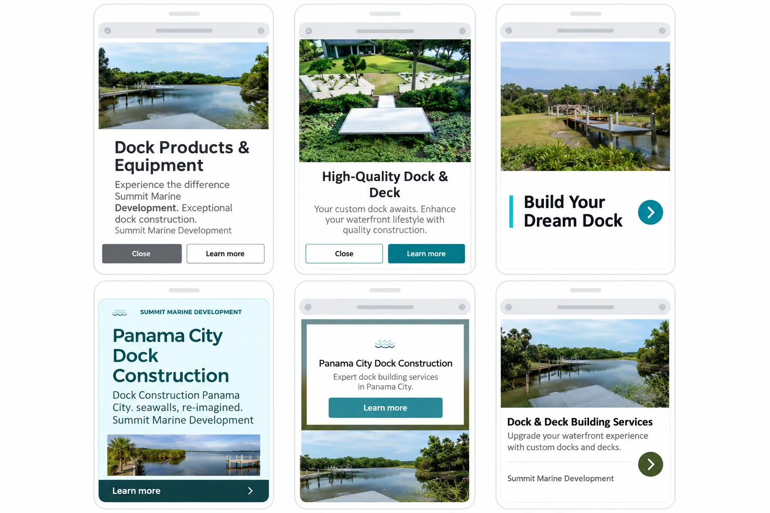 Summit Marine dock-construction campaign source preview sheet across Google placements.