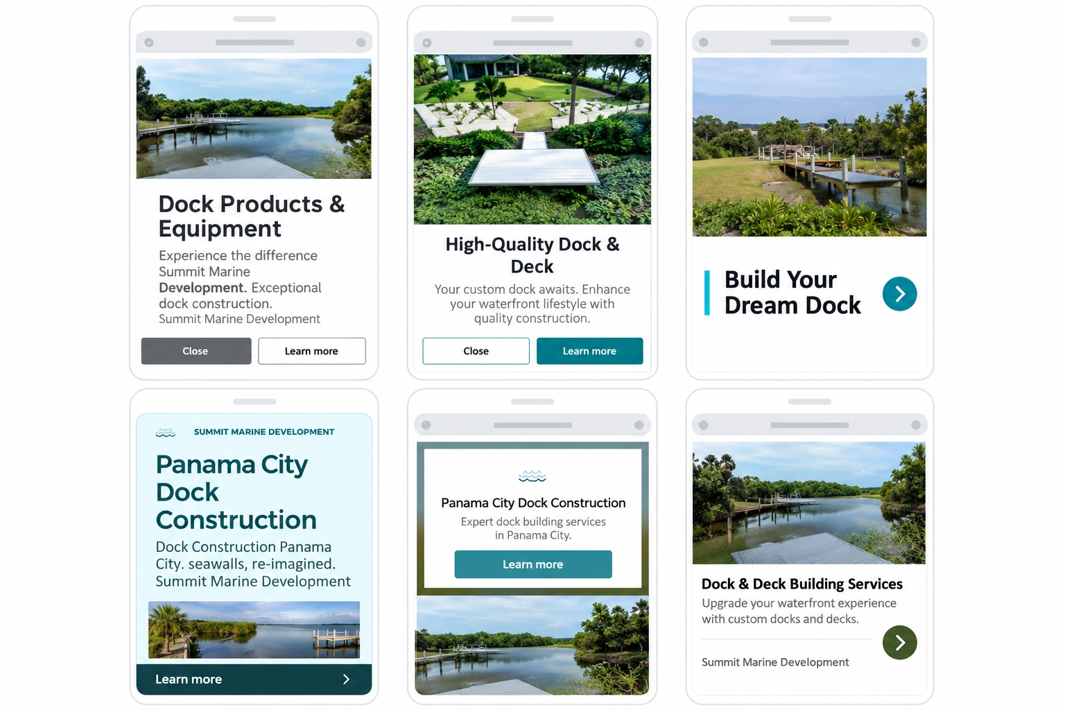 Summit Marine dock-construction campaign source preview sheet across Google placements.