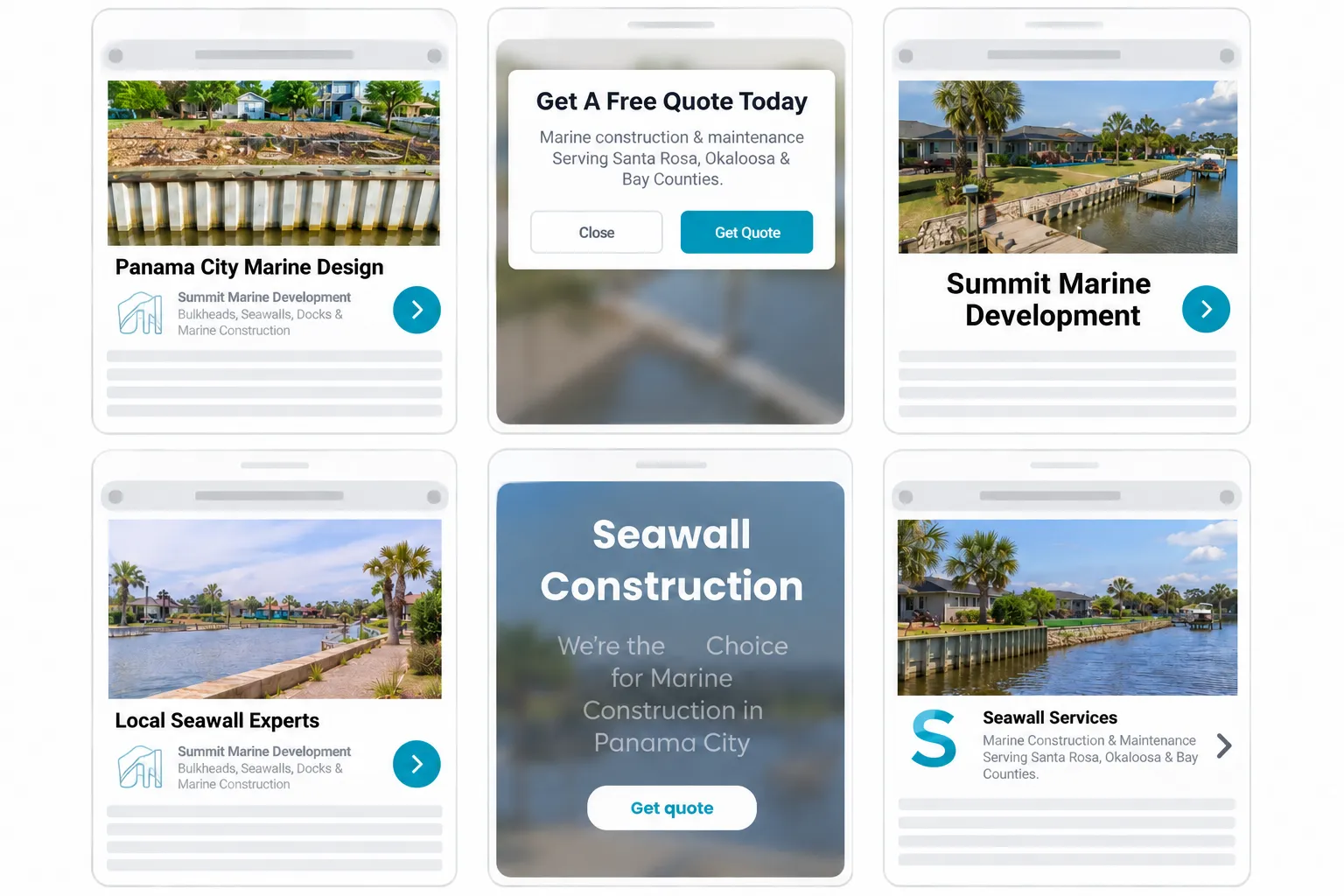 Summit Marine seawall and retaining-wall campaign source preview sheet across Google placements.