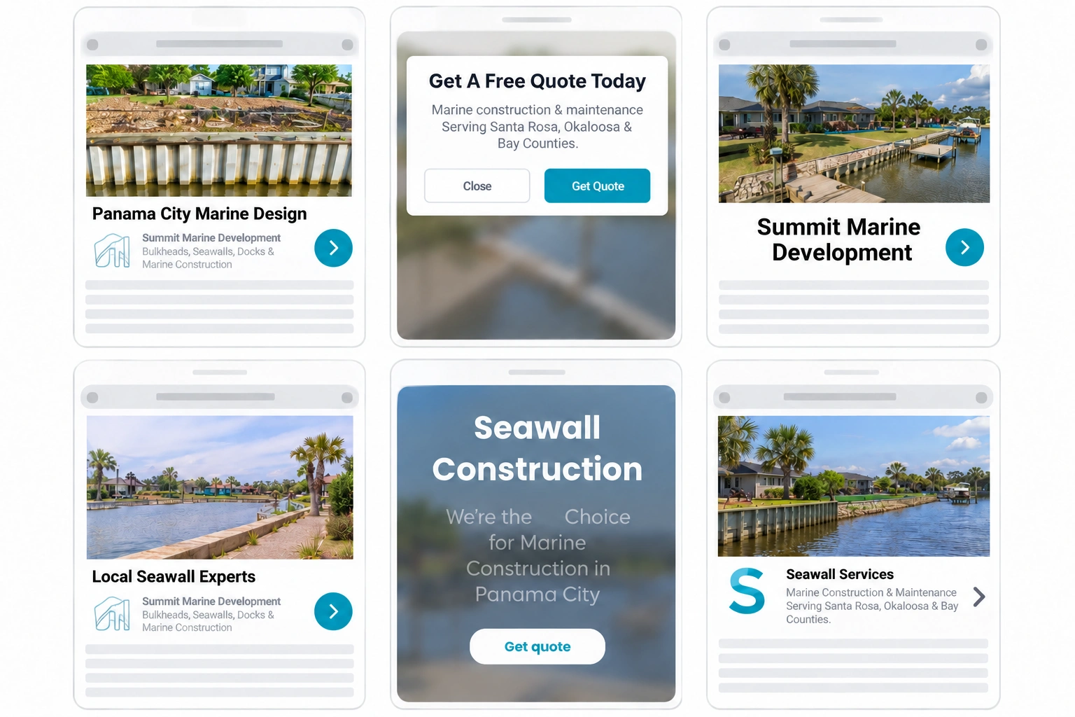 Summit Marine seawall and retaining-wall campaign source preview sheet across Google placements.