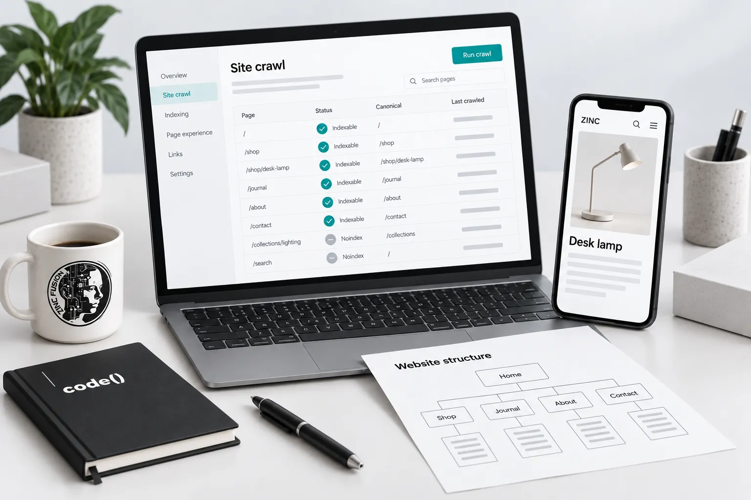 Site crawl review mockup with page status and canonical checks beside a website structure diagram.