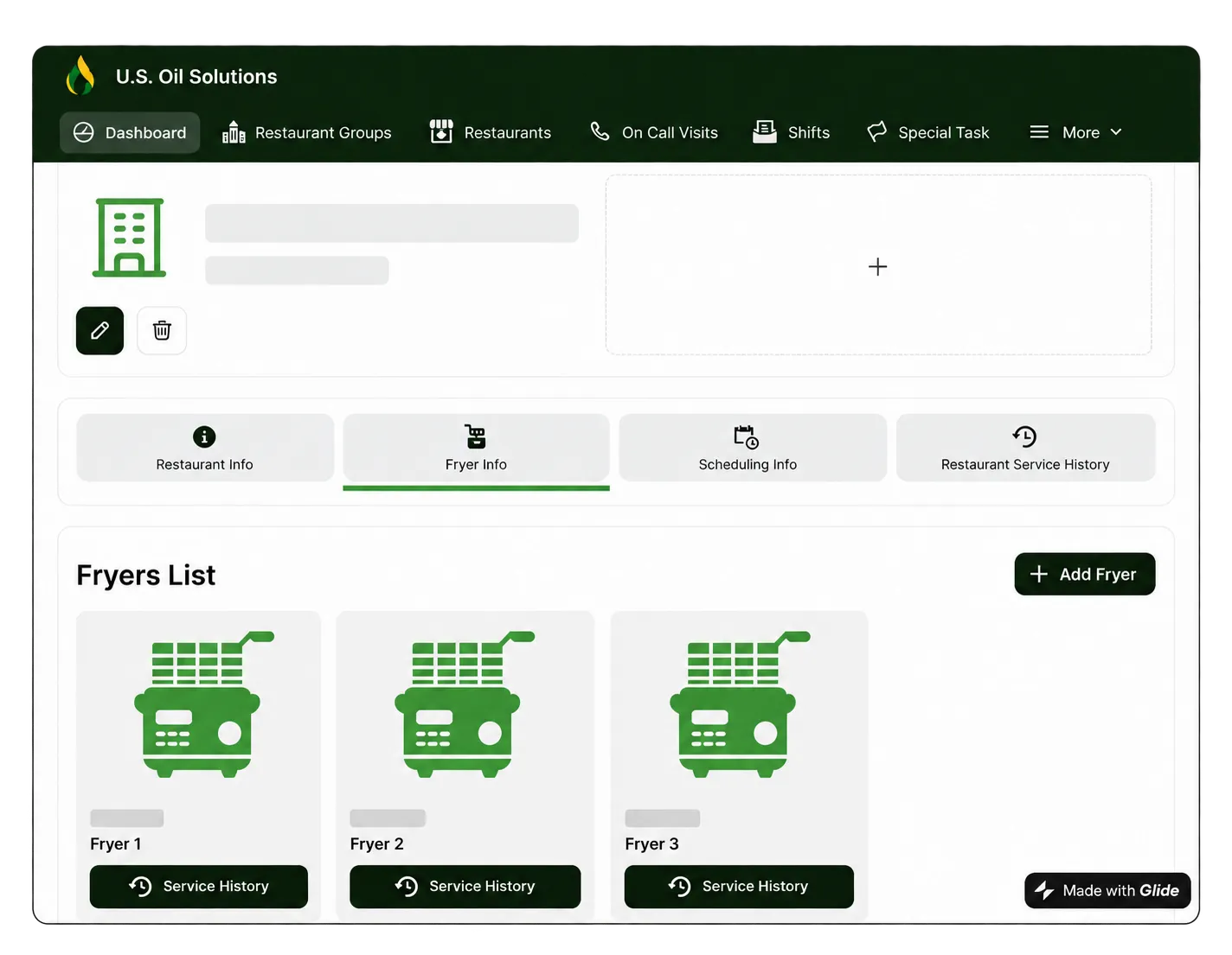 U.S. Oil fryer records and service-history interface, with identifying details removed
