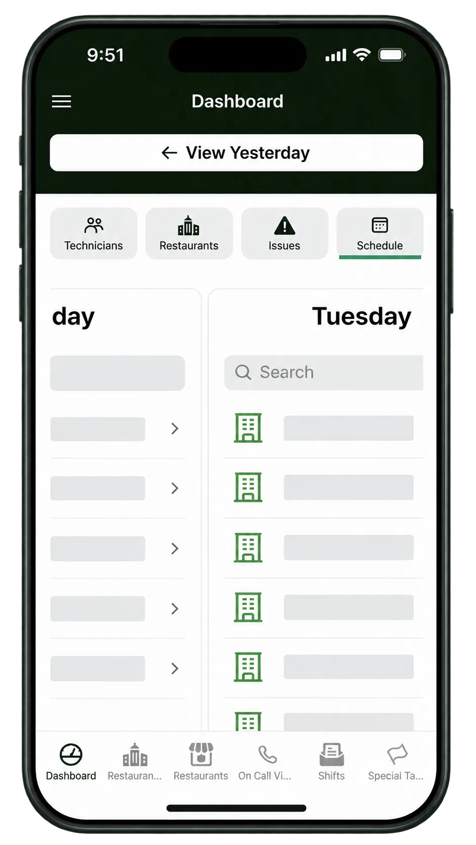 Sanitized U.S. Oil operations app restaurant scheduling screen.