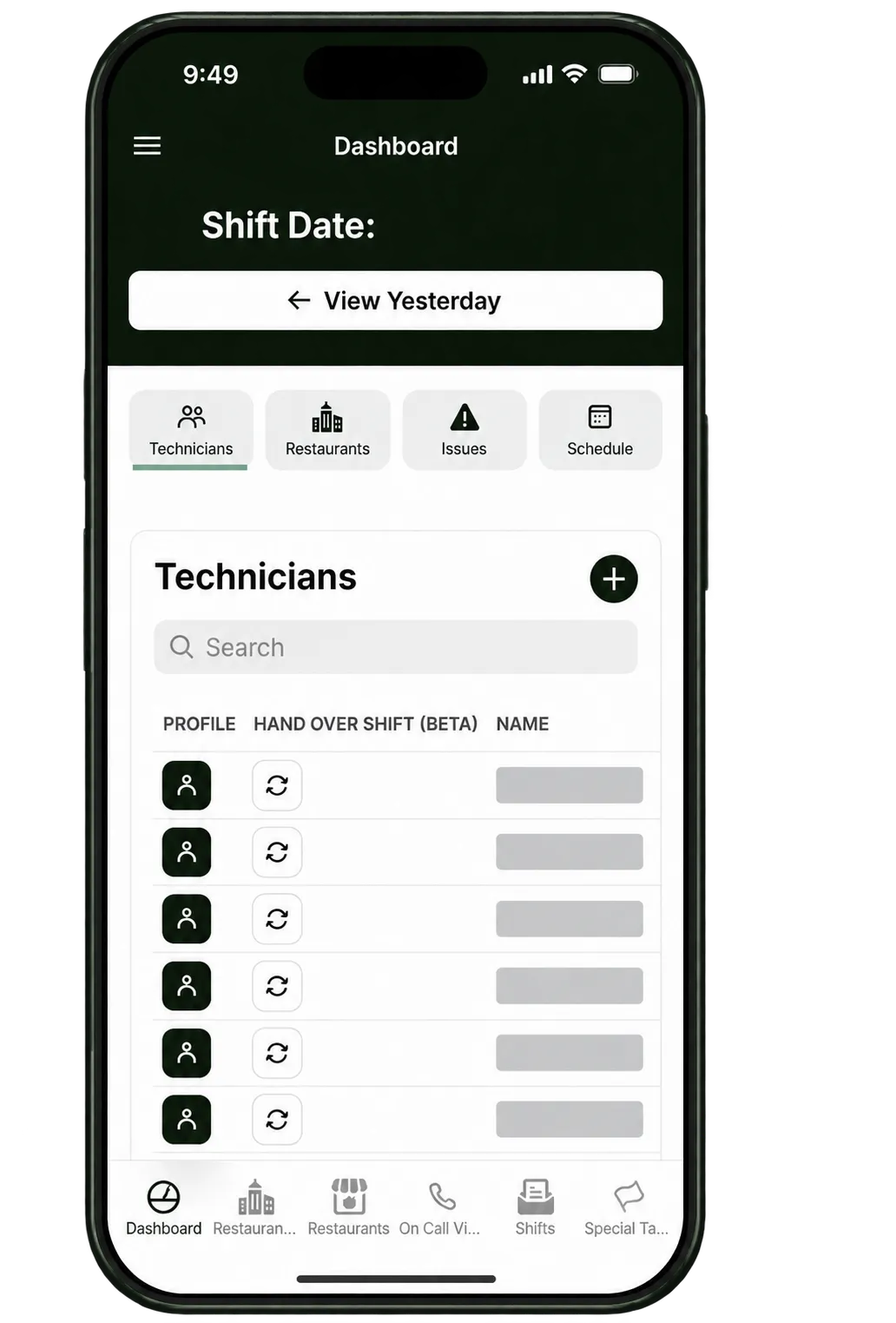 Sanitized U.S. Oil operations app technician roster and shift-handover screen.
