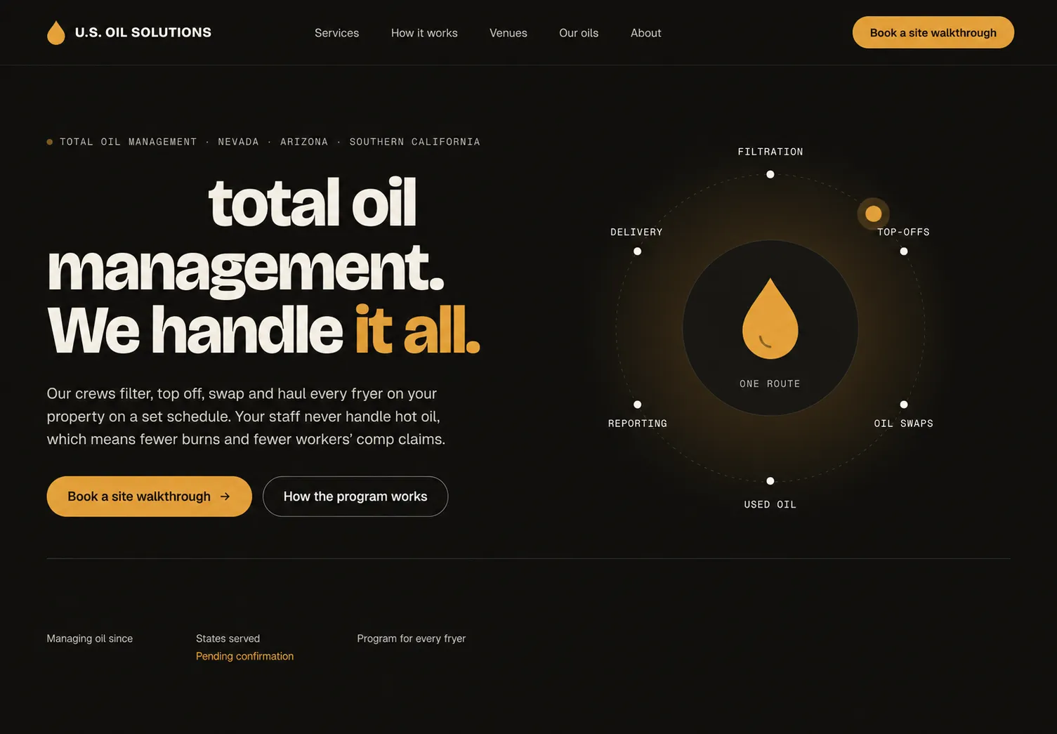 U.S. Oil Solutions second public website, black and gold desktop design in development