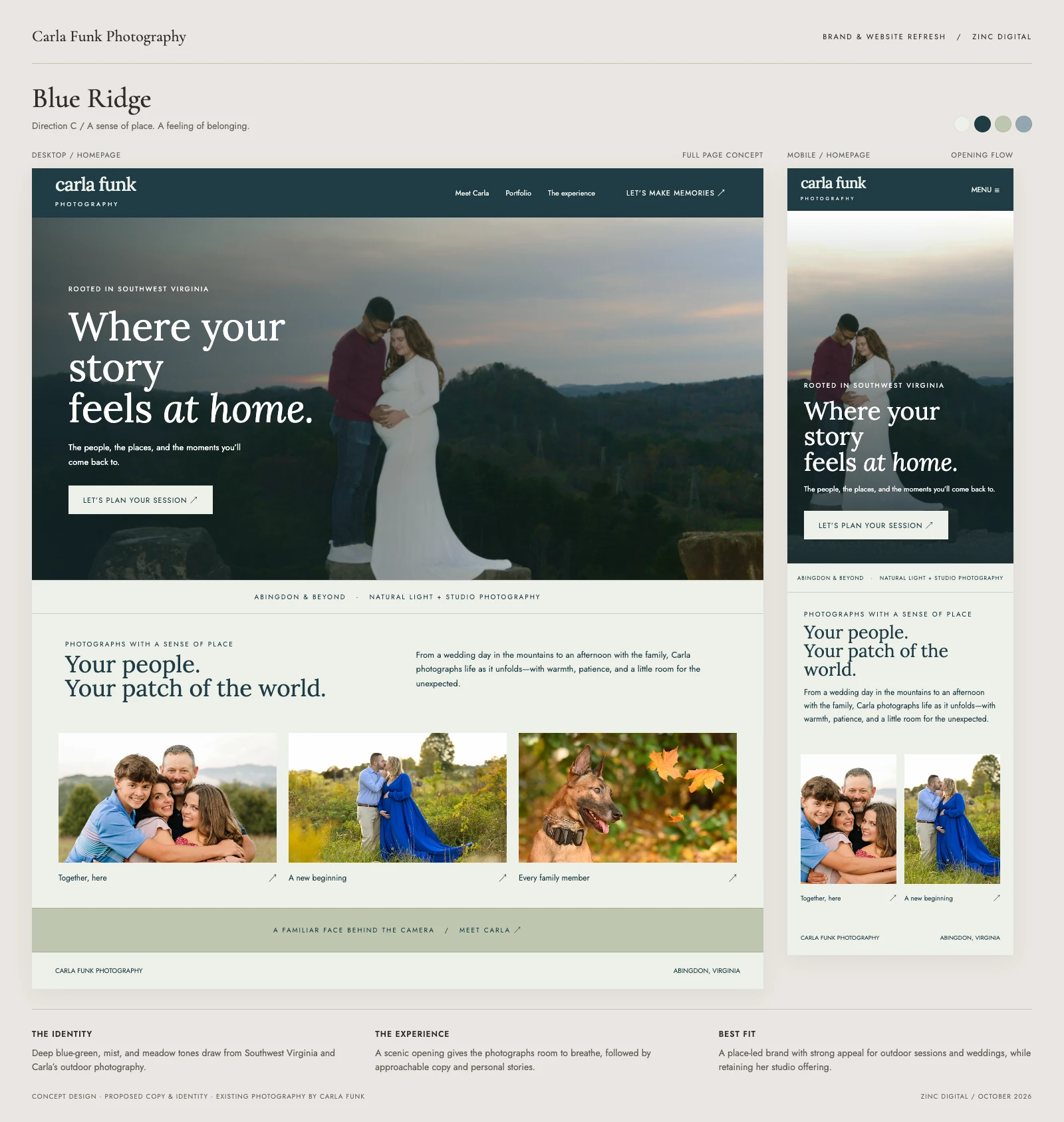Blue Ridge website upgrade concept for Carla Funk, with desktop and mobile designs