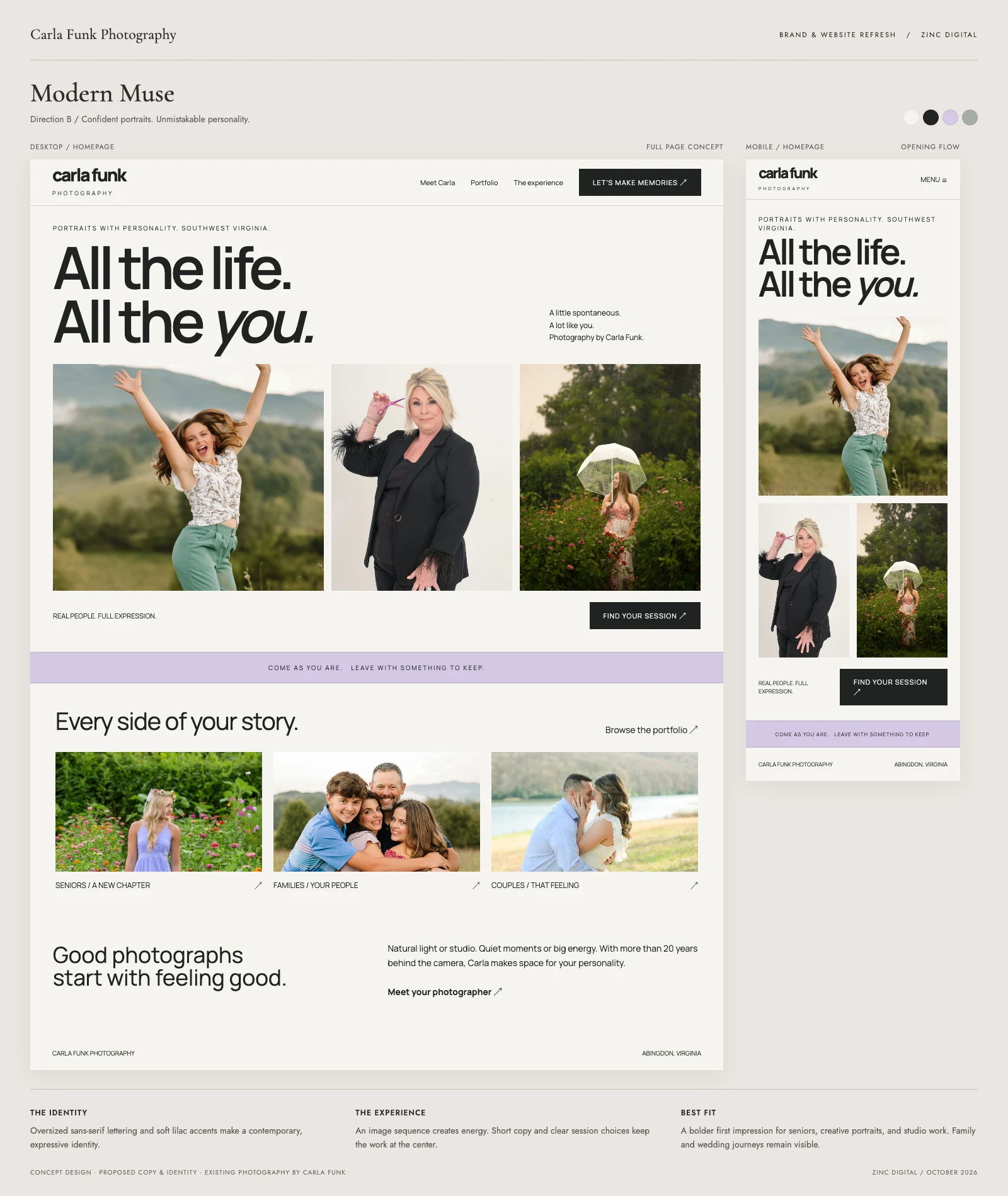 Modern Muse website upgrade concept for Carla Funk, with desktop and mobile designs
