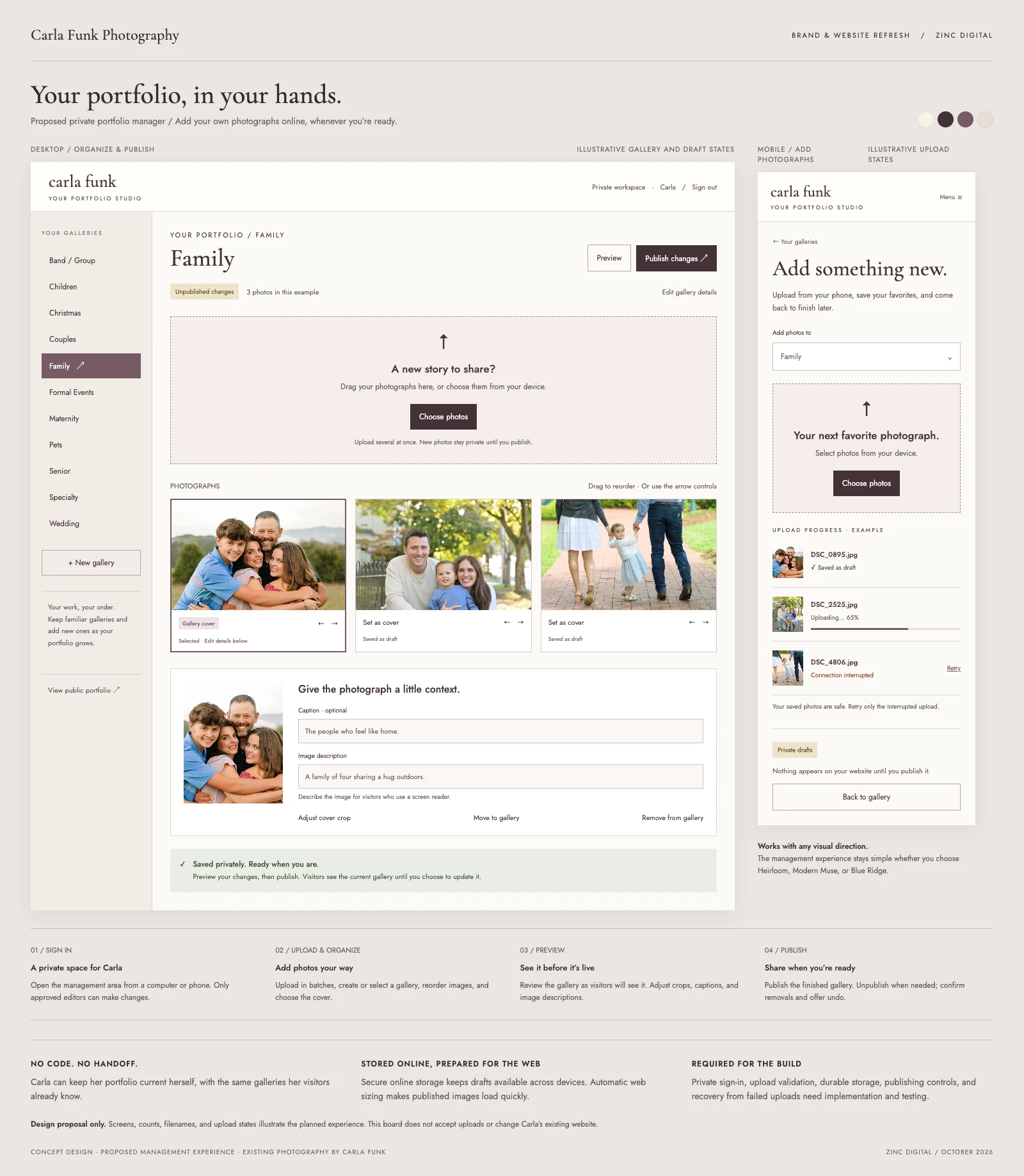 Carla Funk portfolio studio design concept with private image uploads and gallery management